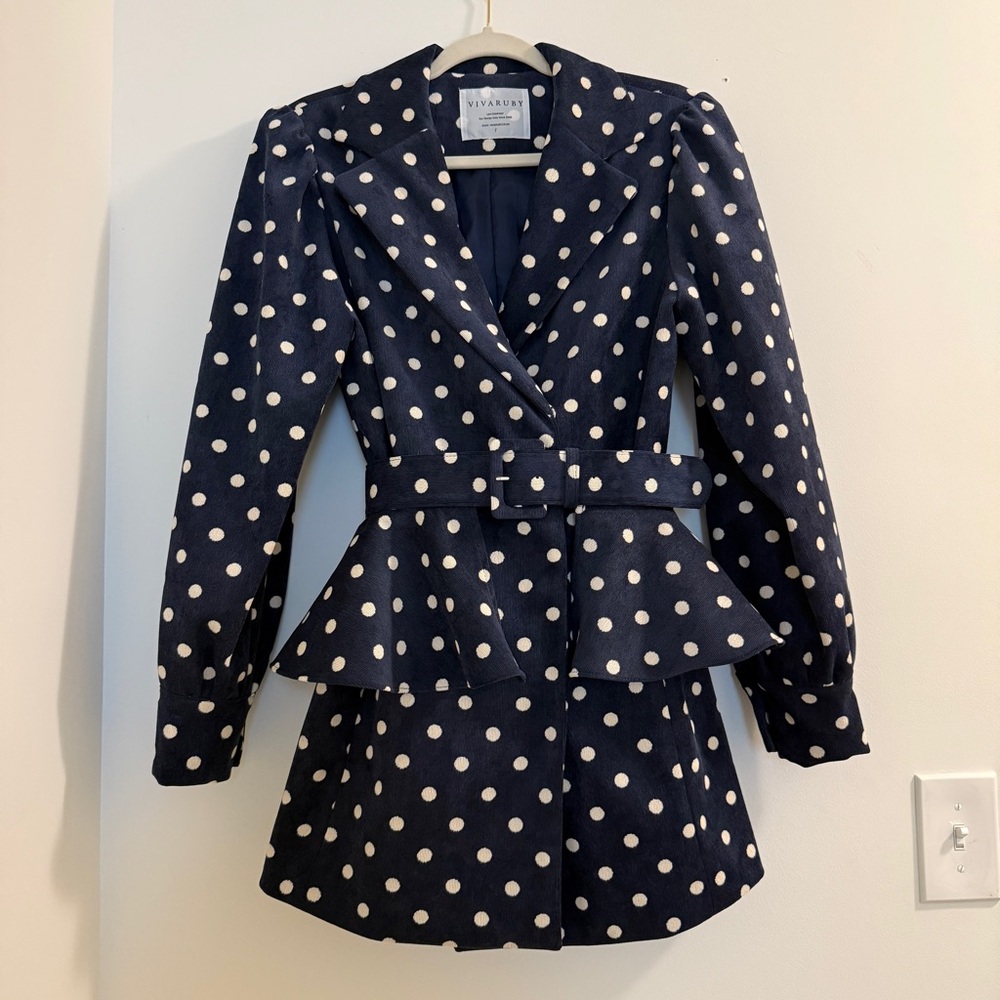 White and Blue Polka Dot Blazer with Puff Sleeves - Picture 4 of 14